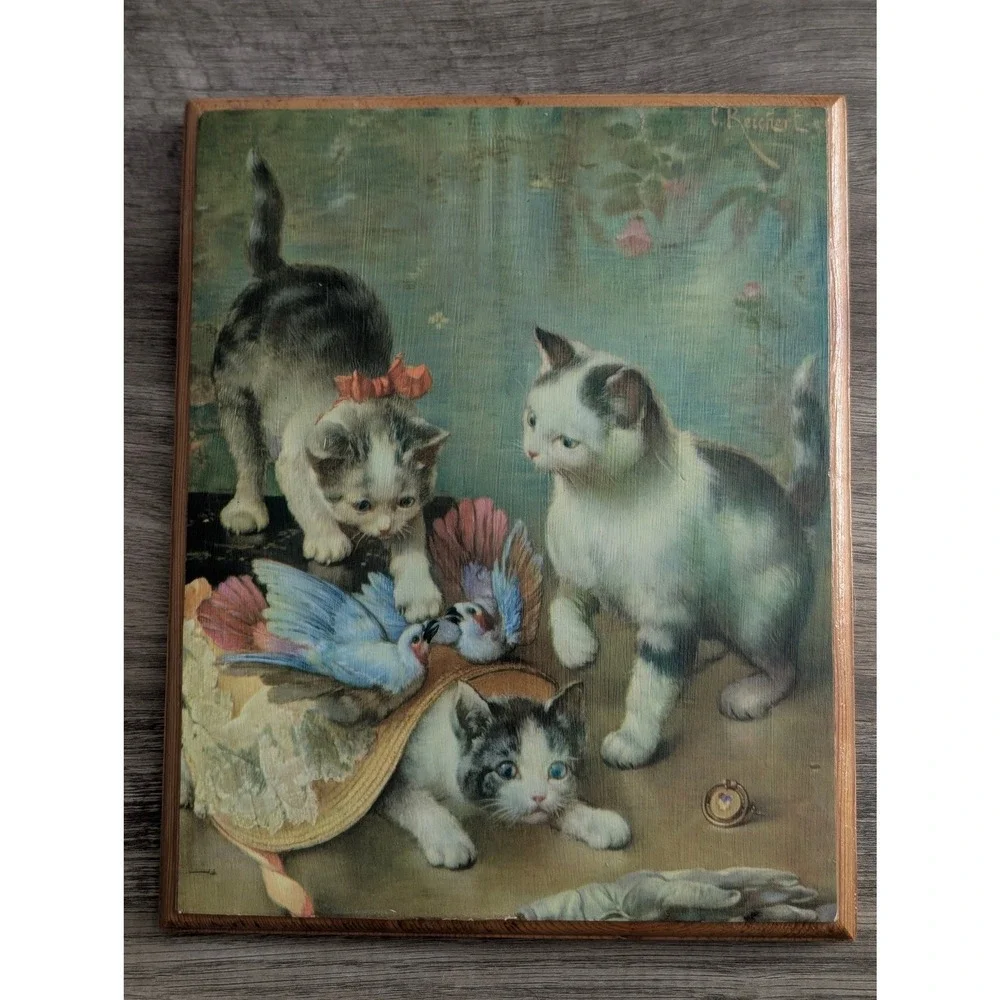 Vintage C Reichert Kittens and Birds Wood Plaque Wall Art 1976 Decoupage